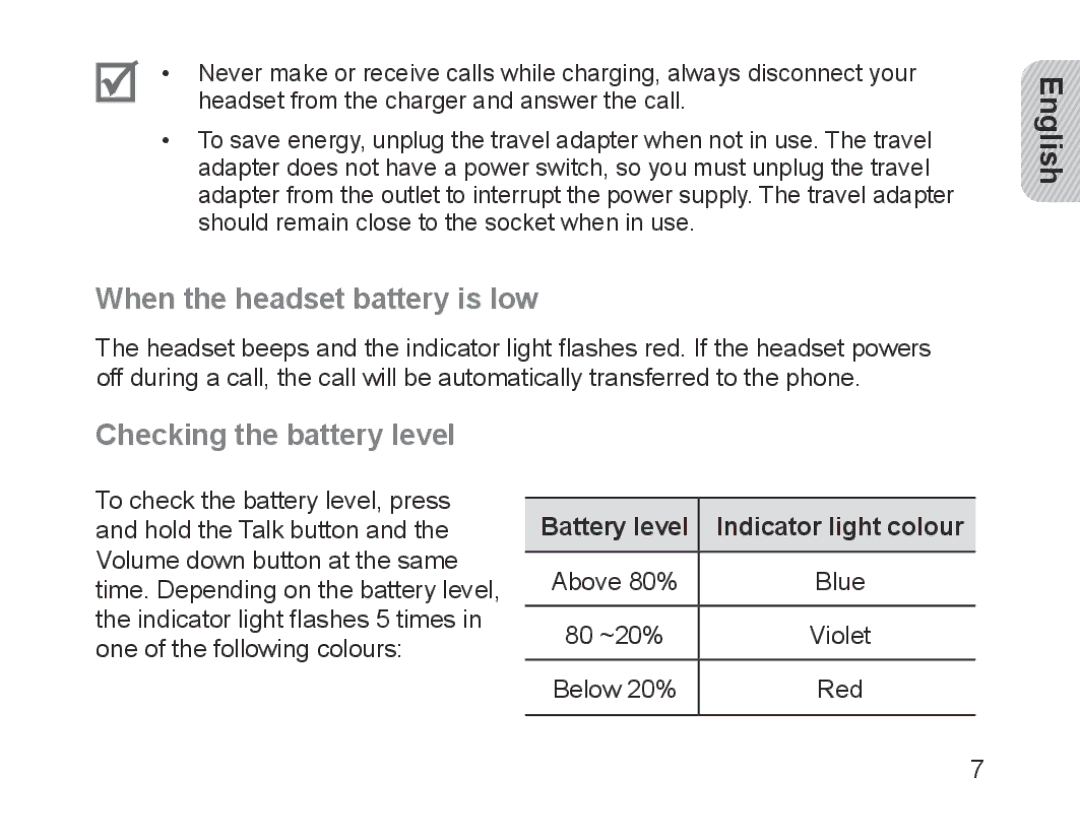 Samsung BHM1200EBEGXEF When the headset battery is low, Checking the battery level, Battery level Indicator light colour 