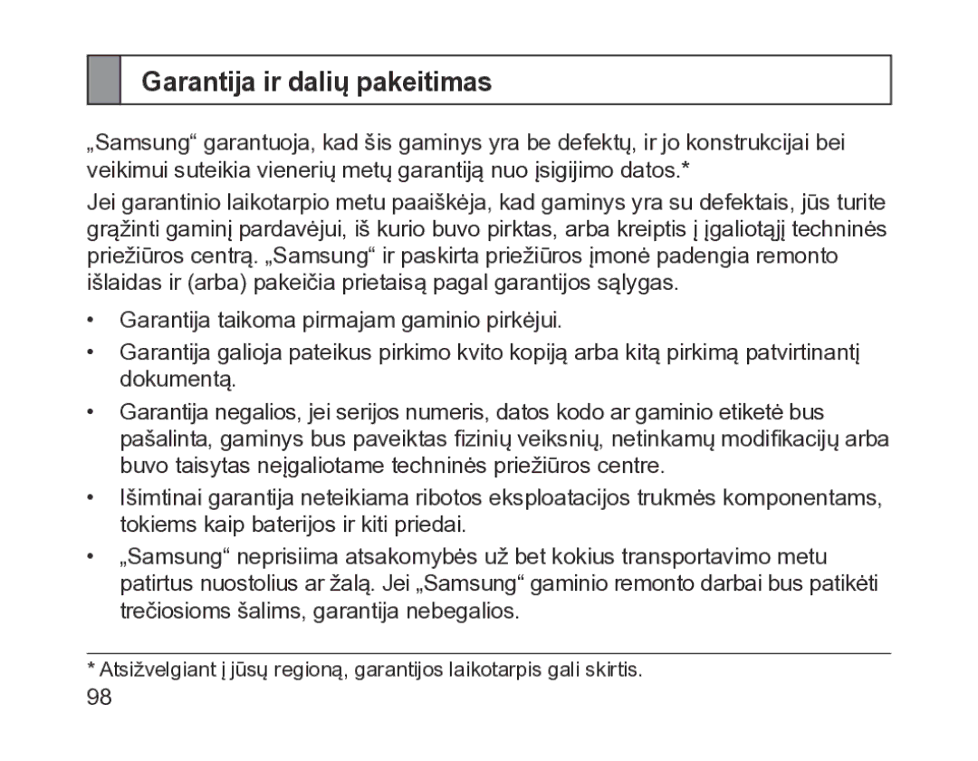 Samsung BHM1200EBRGSER manual Garantija ir dalių pakeitimas 