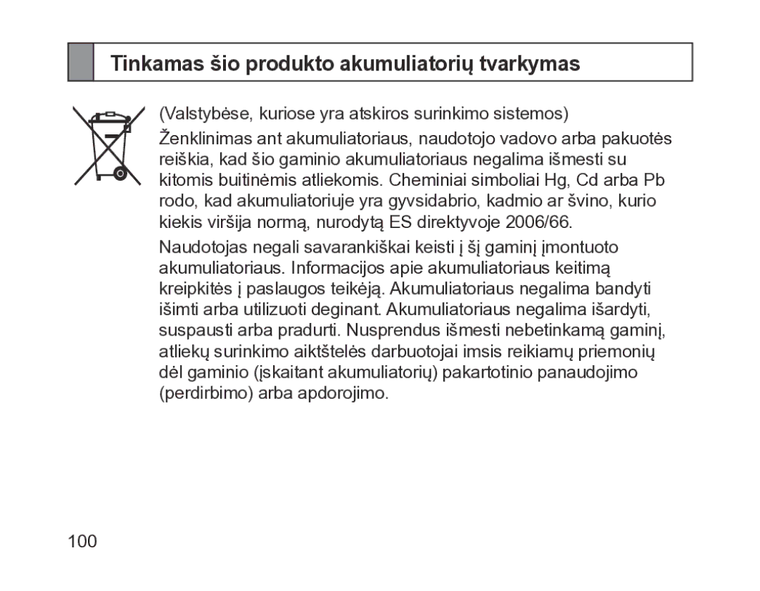 Samsung BHM1200EBRGSER manual Tinkamas šio produkto akumuliatorių tvarkymas 