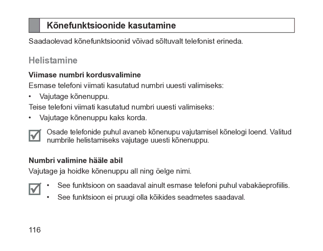 Samsung BHM1200EBRGSER manual Kõnefunktsioonide kasutamine, Helistamine, Viimase numbri kordusvalimine 