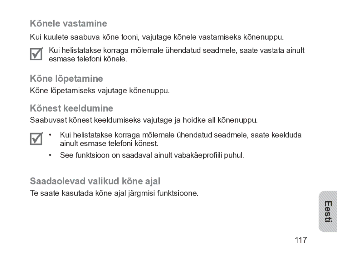 Samsung BHM1200EBRGSER manual Kõnele vastamine, Kõne lõpetamine, Kõnest keeldumine, Saadaolevad valikud kõne ajal 