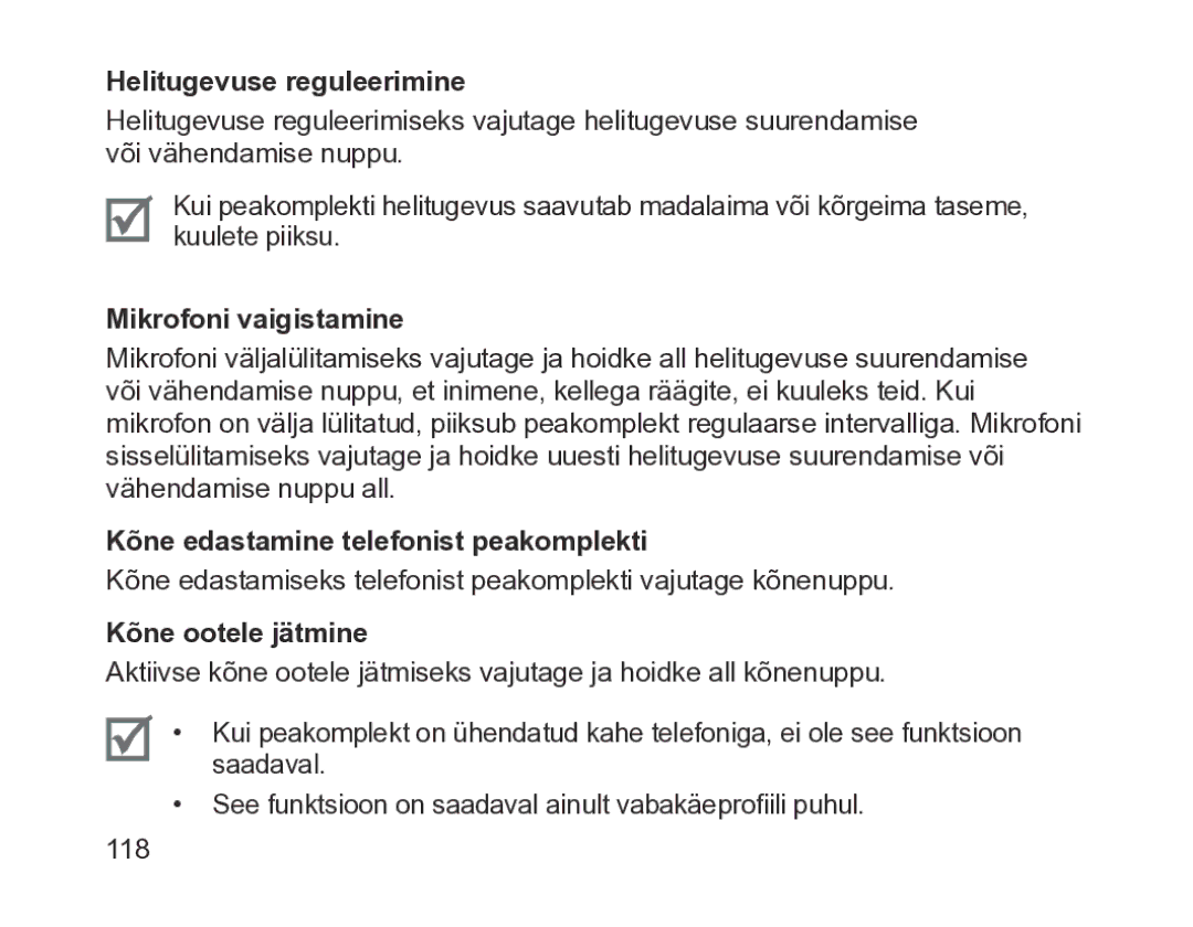 Samsung BHM1200EBRGSER manual Helitugevuse reguleerimine, Mikrofoni vaigistamine, Kõne edastamine telefonist peakomplekti 