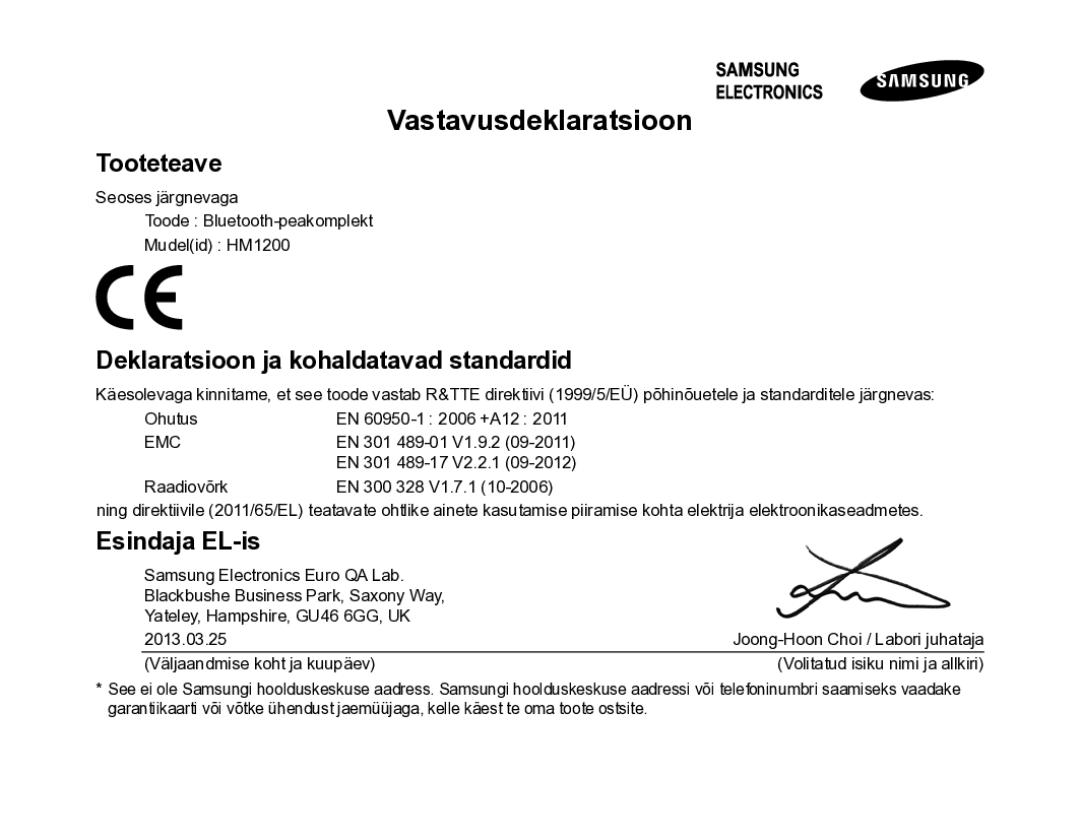 Samsung BHM1200EBRGSER manual Vastavusdeklaratsioon, Tooteteave, Deklaratsioon ja kohaldatavad standardid, Esindaja EL-is 