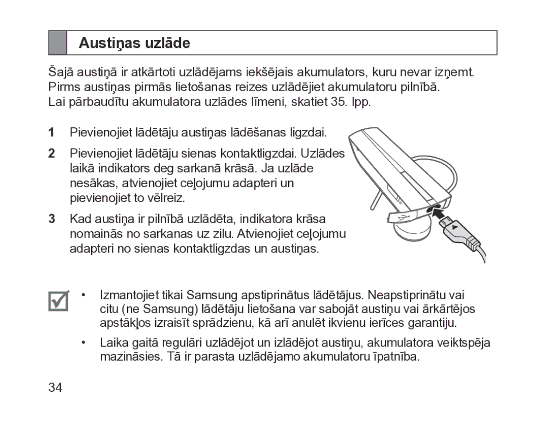 Samsung BHM1200EBRGSER manual Austiņas uzlāde 