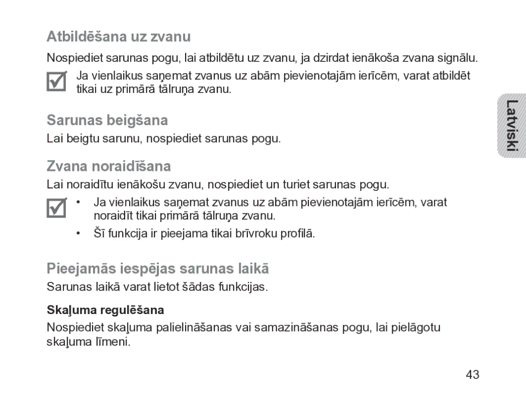 Samsung BHM1200EBRGSER manual Atbildēšana uz zvanu, Sarunas beigšana, Zvana noraidīšana, Pieejamās iespējas sarunas laikā 