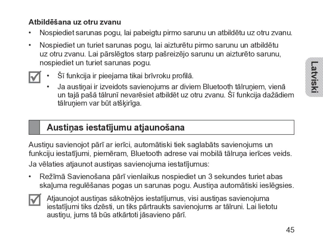 Samsung BHM1200EBRGSER manual Austiņas iestatījumu atjaunošana, Atbildēšana uz otru zvanu 