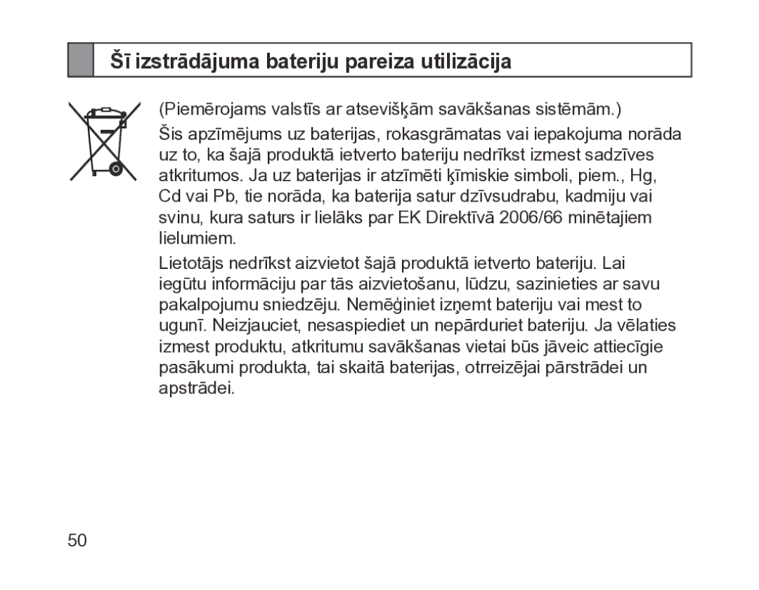 Samsung BHM1200EBRGSER manual Šī izstrādājuma bateriju pareiza utilizācija 