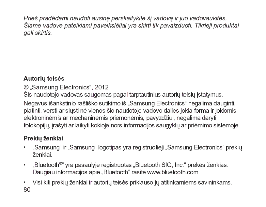 Samsung BHM1200EBRGSER manual Autorių teisės, Prekių ženklai 