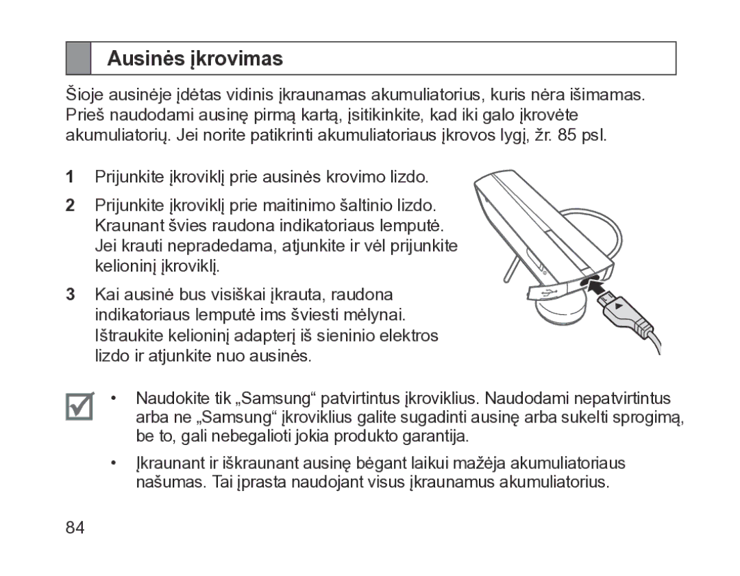 Samsung BHM1200EBRGSER manual Ausinės įkrovimas 