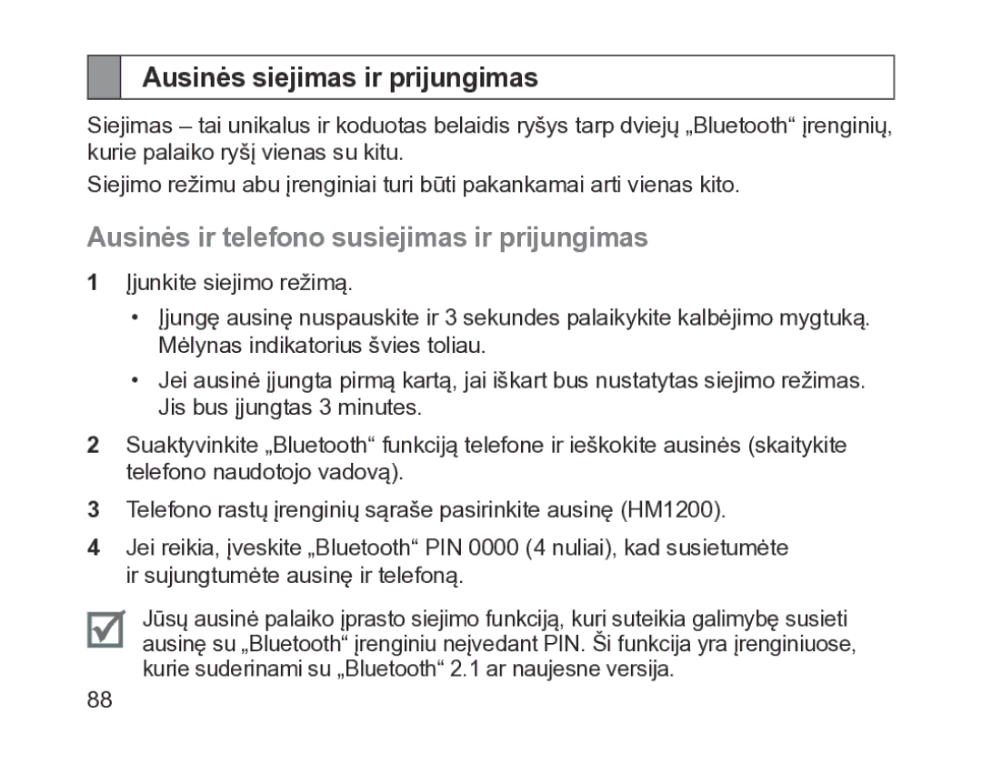 Samsung BHM1200EBRGSER manual Ausinės siejimas ir prijungimas, Ausinės ir telefono susiejimas ir prijungimas 