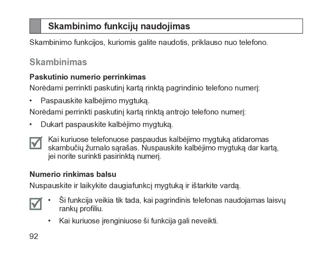 Samsung BHM1200EBRGSER Skambinimo funkcijų naudojimas, Skambinimas, Paskutinio numerio perrinkimas, Numerio rinkimas balsu 