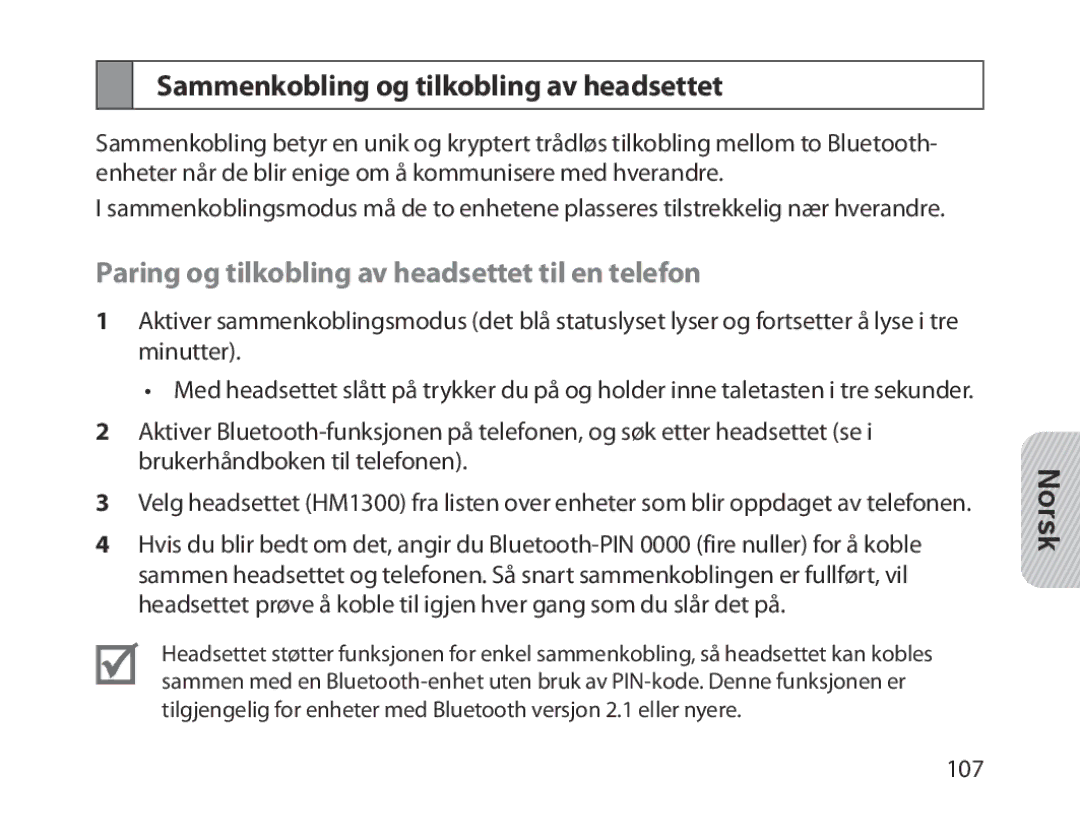 Samsung BHM1300EEEGXSG manual Sammenkobling og tilkobling av headsettet, Paring og tilkobling av headsettet til en telefon 