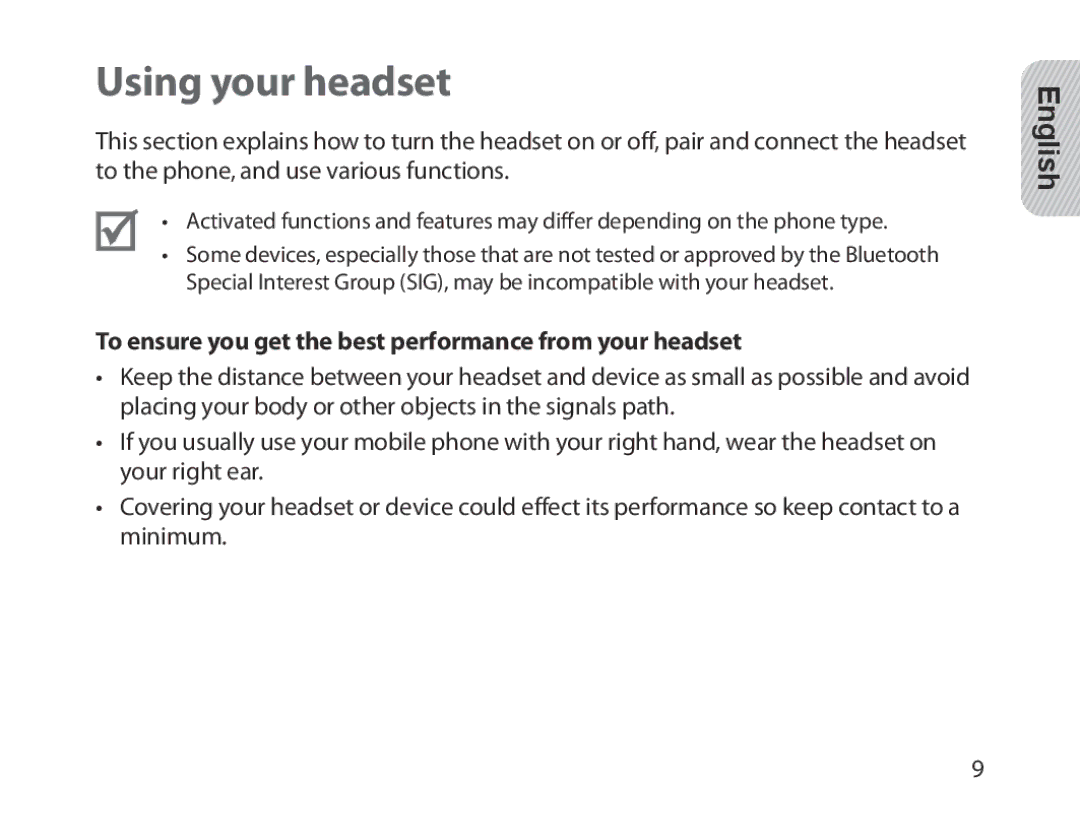 Samsung BHM1300EBEGXSG, BHM1300EKEGXEG manual Using your headset, To ensure you get the best performance from your headset 