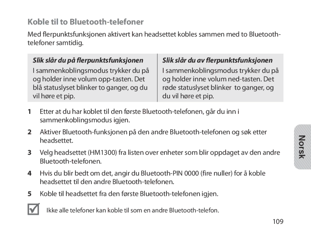 Samsung BHM1300EBEGXSG, BHM1300EKEGXEG manual Koble til to Bluetooth-telefoner, Slik slår du på flerpunktsfunksjonen 