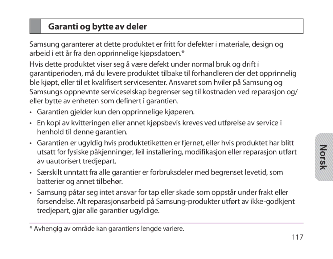 Samsung BHM1300EBEGEUR, BHM1300EKEGXEG, BHM1300EREGXEG, BHM1300EWEGXEG, BHM1300EBEGXEG manual Garanti og bytte av deler 