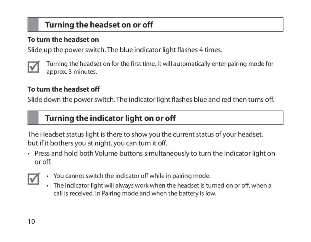 Samsung BHM1300UBEGKSA manual Turning the headset on or off, Turning the indicator light on or off, To turn the headset on 