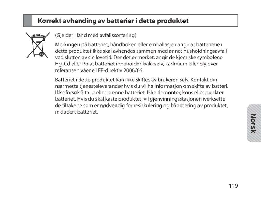 Samsung BHM1300EREGXEG, BHM1300EKEGXEG, BHM1300EWEGXEG, BHM1300EBEGXEG manual Korrekt avhending av batterier i dette produktet 