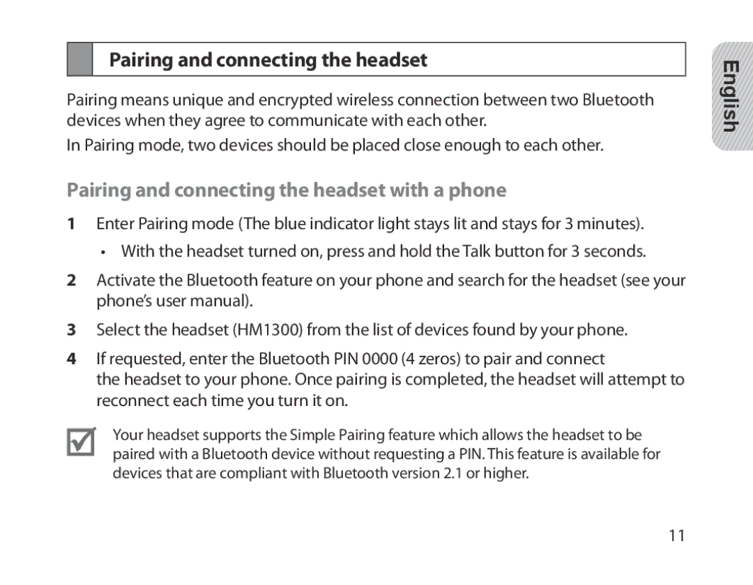 Samsung BHM1300EBEGXEV, BHM1300EKEGXEG, BHM1300EREGXEG, BHM1300EWEGXEG Pairing and connecting the headset with a phone 