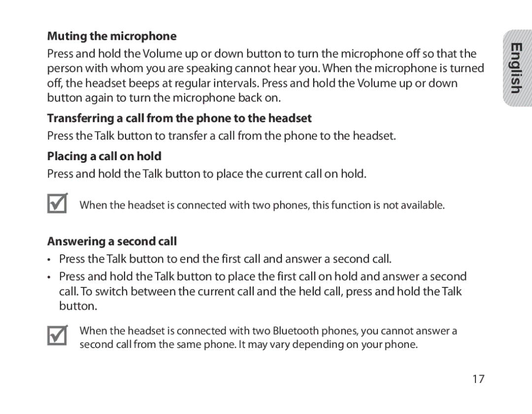 Samsung BHM1300EBEGEUR Muting the microphone, Transferring a call from the phone to the headset, Placing a call on hold 