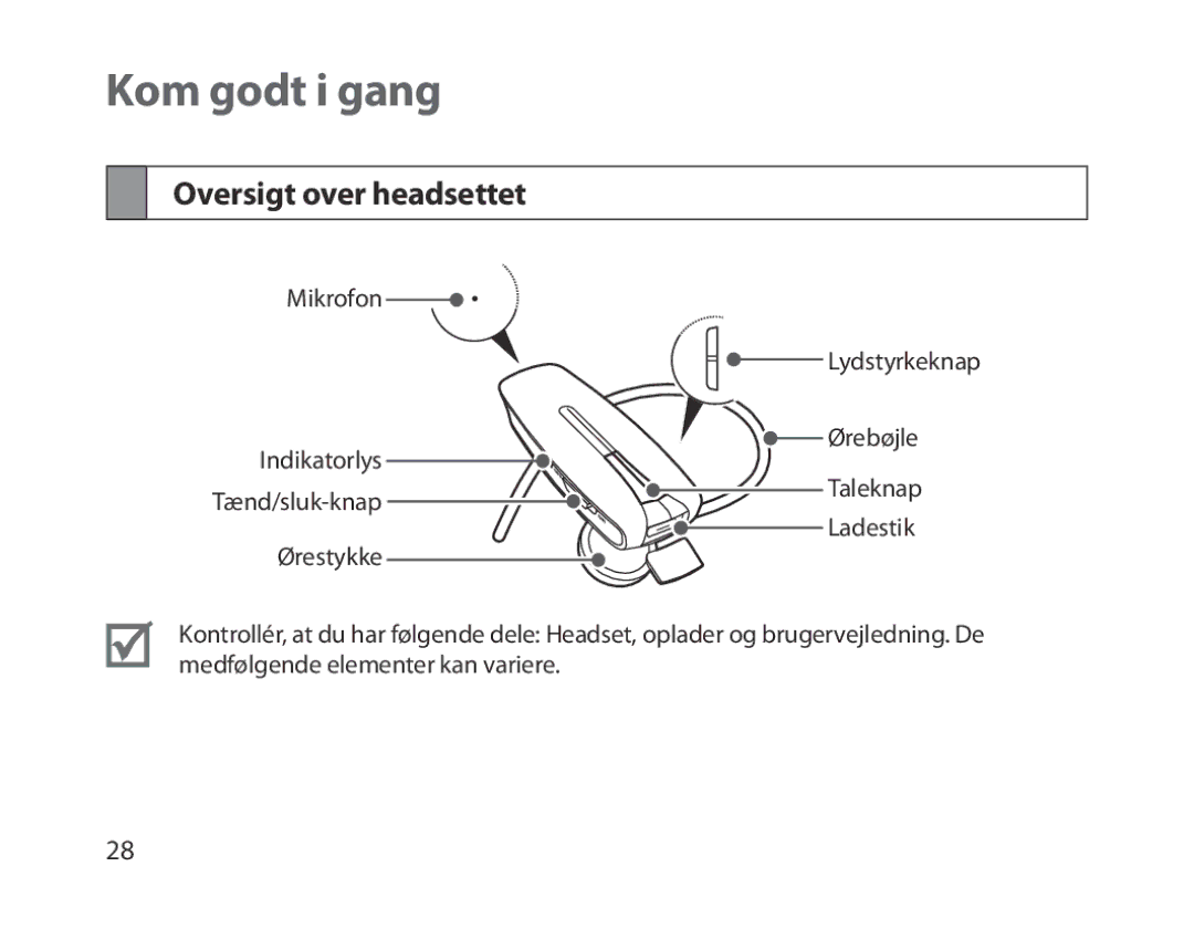 Samsung BHM1300EREGXSG, BHM1300EKEGXEG, BHM1300EREGXEG, BHM1300EWEGXEG manual Kom godt i gang, Oversigt over headsettet 