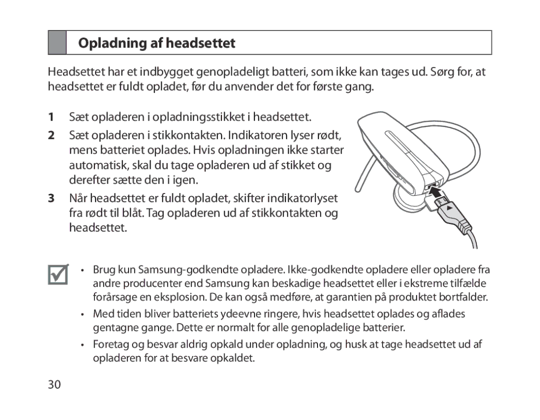 Samsung BHM1300UBEGKSA, BHM1300EKEGXEG, BHM1300EREGXEG, BHM1300EWEGXEG, BHM1300EBEGXEG, BHM1300EWEGXSG Opladning af headsettet 