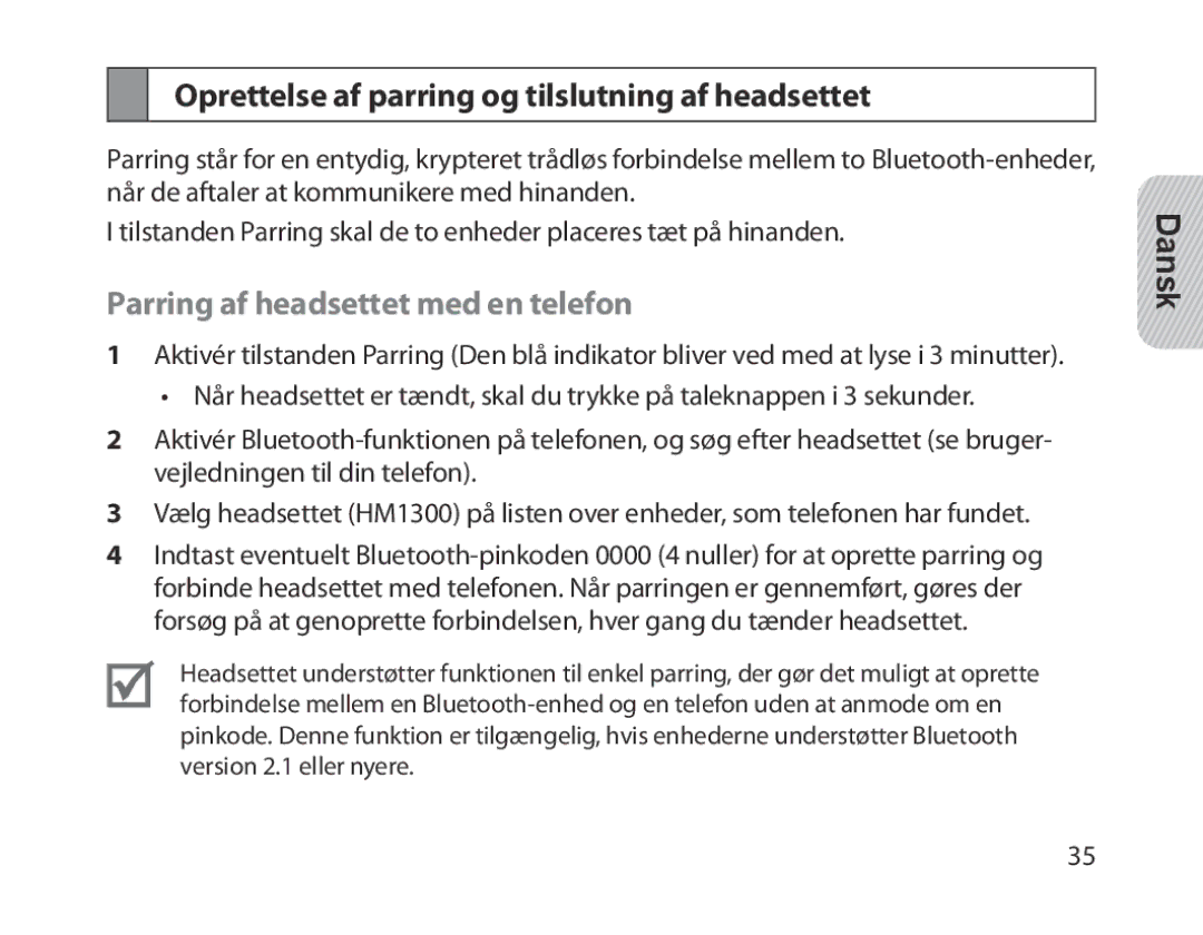 Samsung BHM1300EWEGXEE manual Oprettelse af parring og tilslutning af headsettet, Parring af headsettet med en telefon 