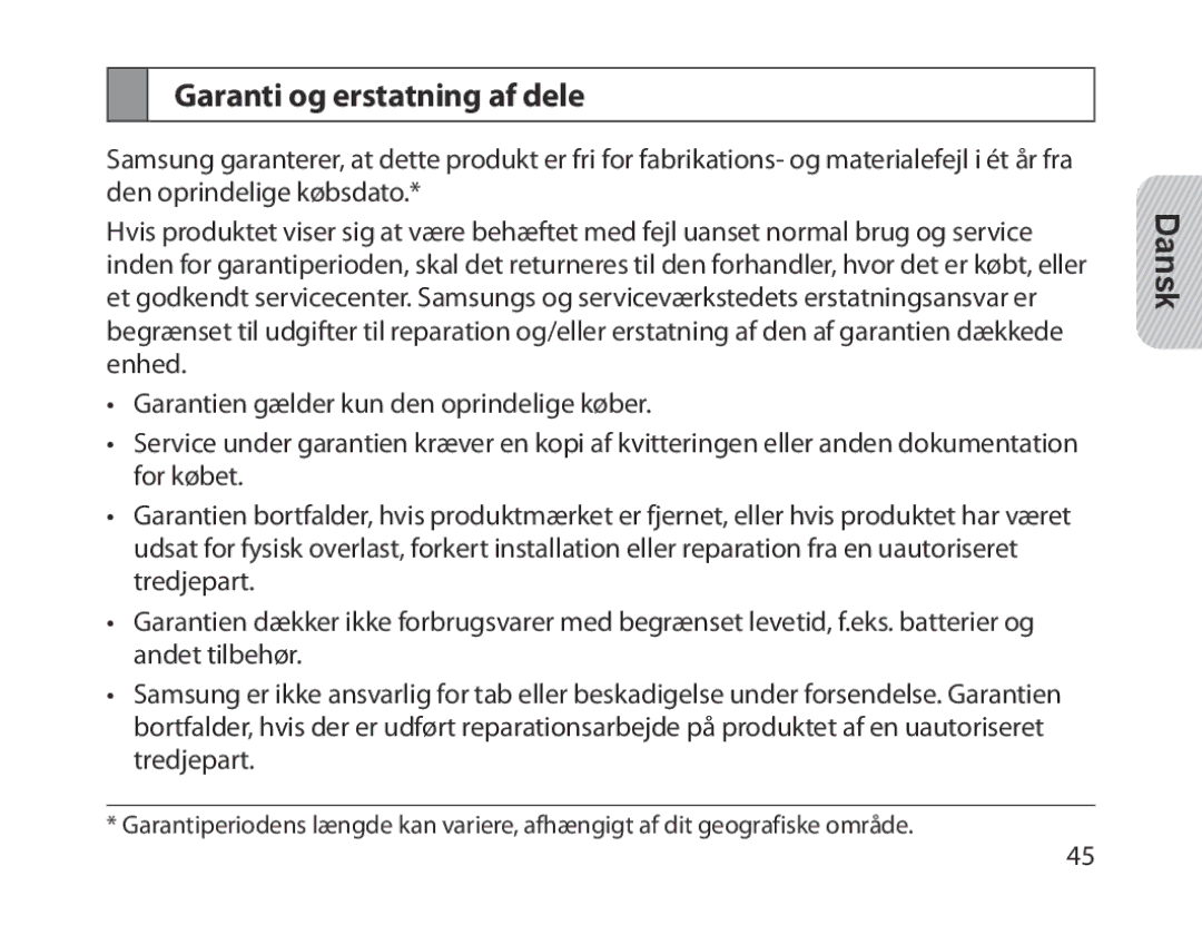 Samsung BHM1300EPEGXSG, BHM1300EKEGXEG, BHM1300EREGXEG, BHM1300EWEGXEG, BHM1300EBEGXEG manual Garanti og erstatning af dele 