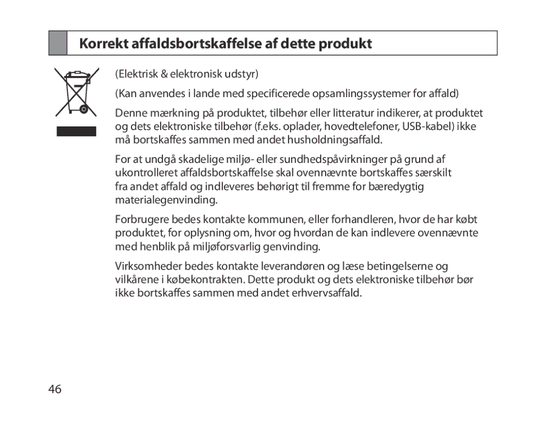 Samsung BHM1300UWEGKSA, BHM1300EKEGXEG, BHM1300EREGXEG, BHM1300EWEGXEG manual Korrekt affaldsbortskaffelse af dette produkt 