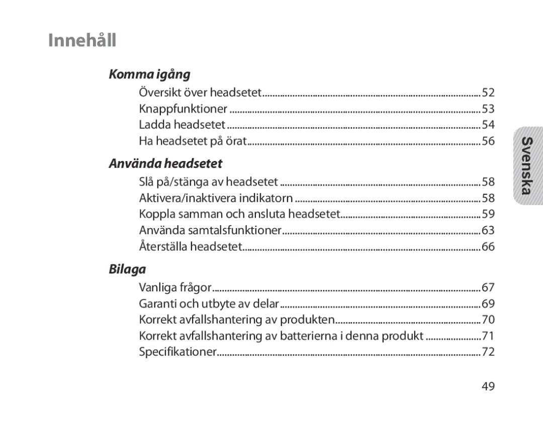 Samsung BHM1300EBEGXSG, BHM1300EKEGXEG, BHM1300EREGXEG, BHM1300EWEGXEG, BHM1300EBEGXEG, BHM1300EWEGXSG manual Innehåll, Svenska 