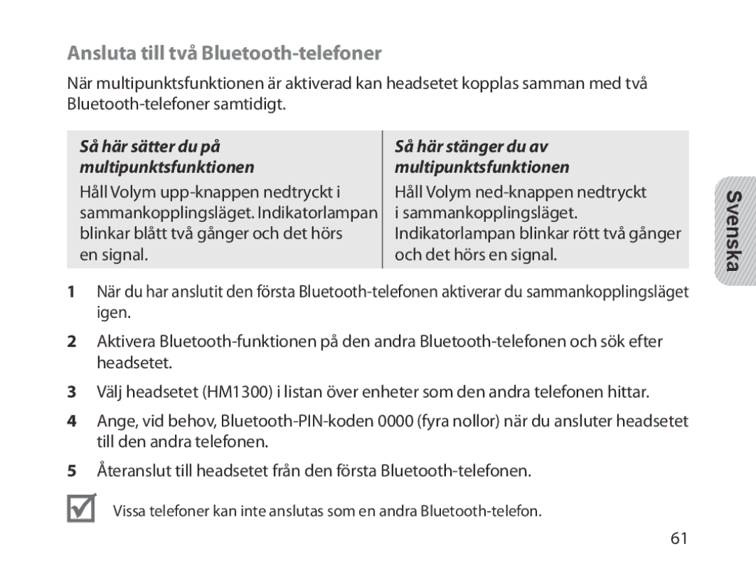 Samsung BHM1300EBEGXEG, BHM1300EKEGXEG, BHM1300EREGXEG, BHM1300EWEGXEG manual Ansluta till två Bluetooth-telefoner, Svenska 