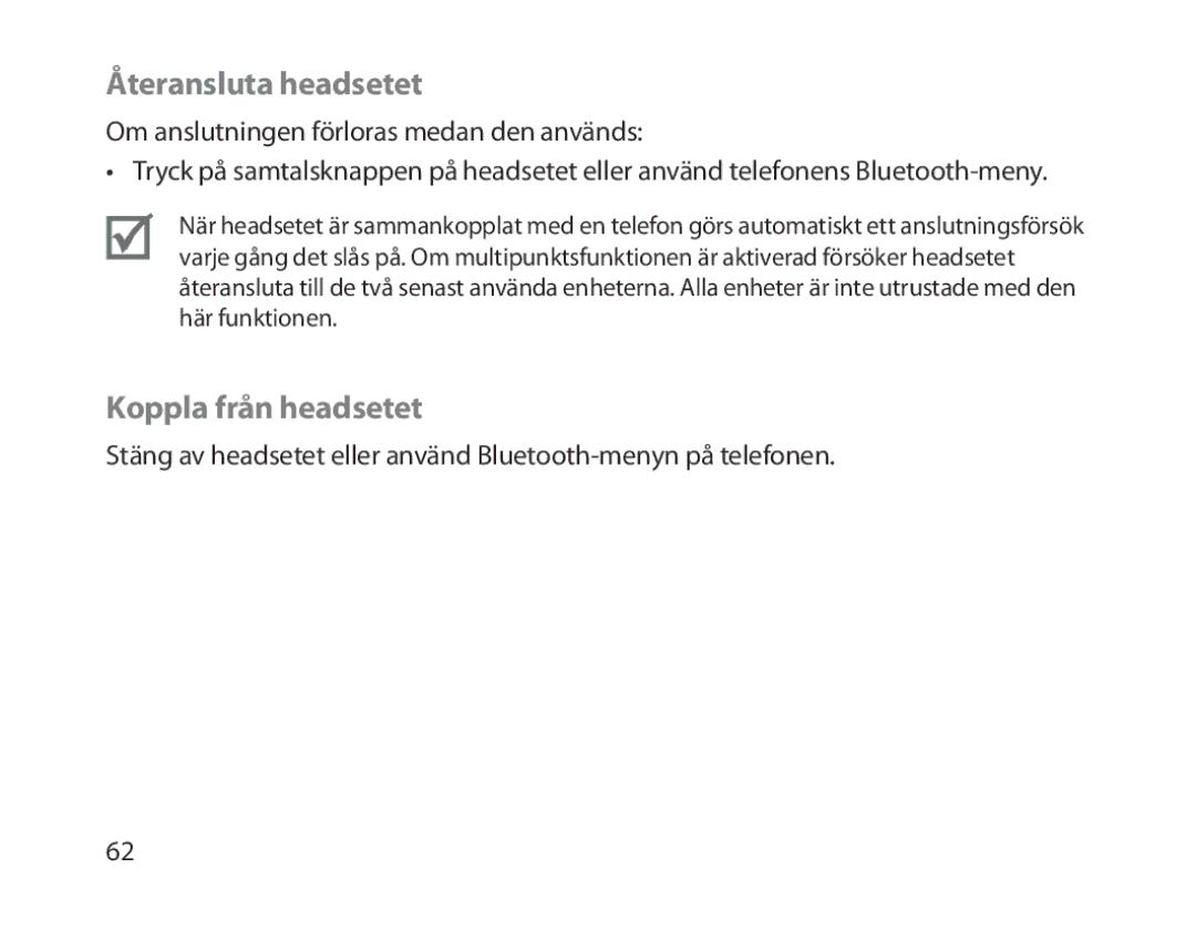 Samsung BHM1300EWEGXSG, BHM1300EKEGXEG, BHM1300EREGXEG, BHM1300EWEGXEG manual Återansluta headsetet, Koppla från headsetet 