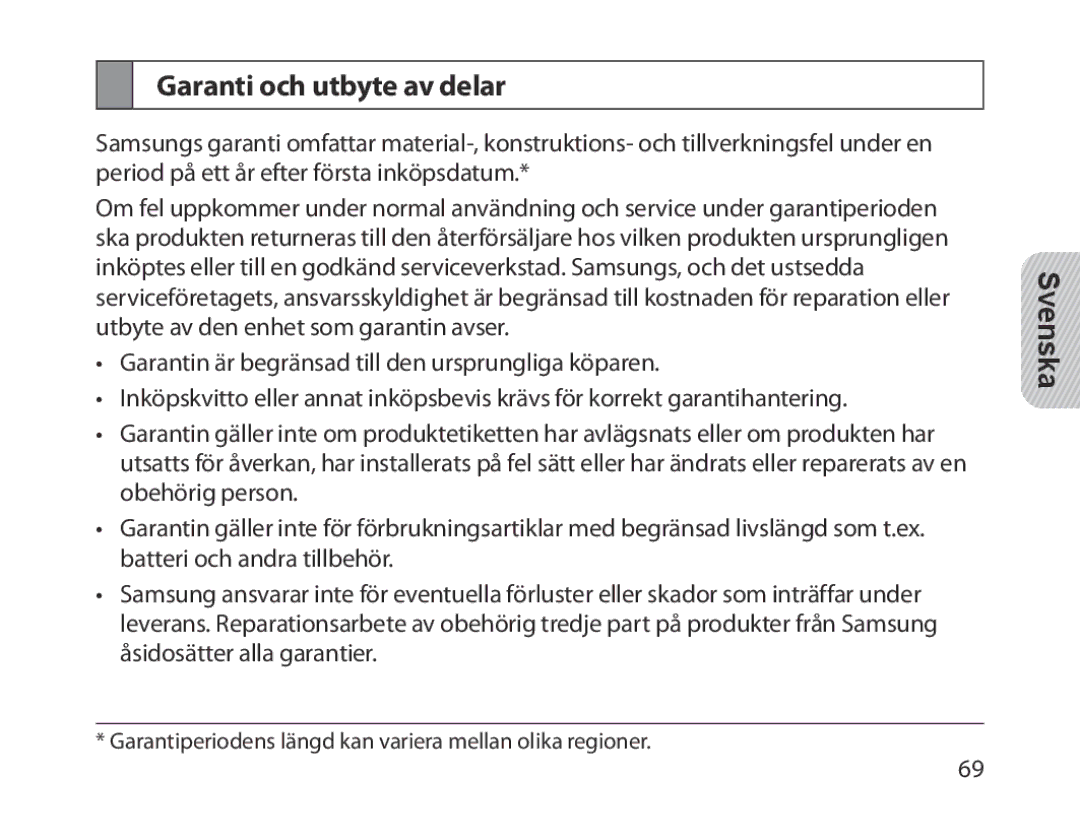 Samsung BHM1300EBEGXSG, BHM1300EKEGXEG, BHM1300EREGXEG, BHM1300EWEGXEG, BHM1300EBEGXEG manual Garanti och utbyte av delar 