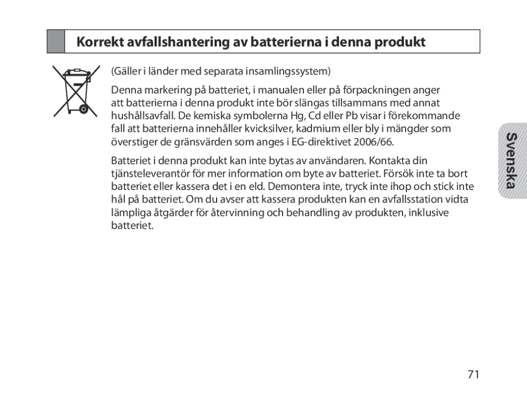 Samsung BHM1300EBEGXEV, BHM1300EKEGXEG, BHM1300EREGXEG manual Korrekt avfallshantering av batterierna i denna produkt 