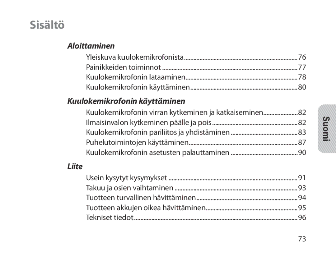 Samsung BHM1300EBEGXEE, BHM1300EKEGXEG, BHM1300EREGXEG, BHM1300EWEGXEG, BHM1300EBEGXEG, BHM1300EWEGXSG manual Sisältö, Suomi 