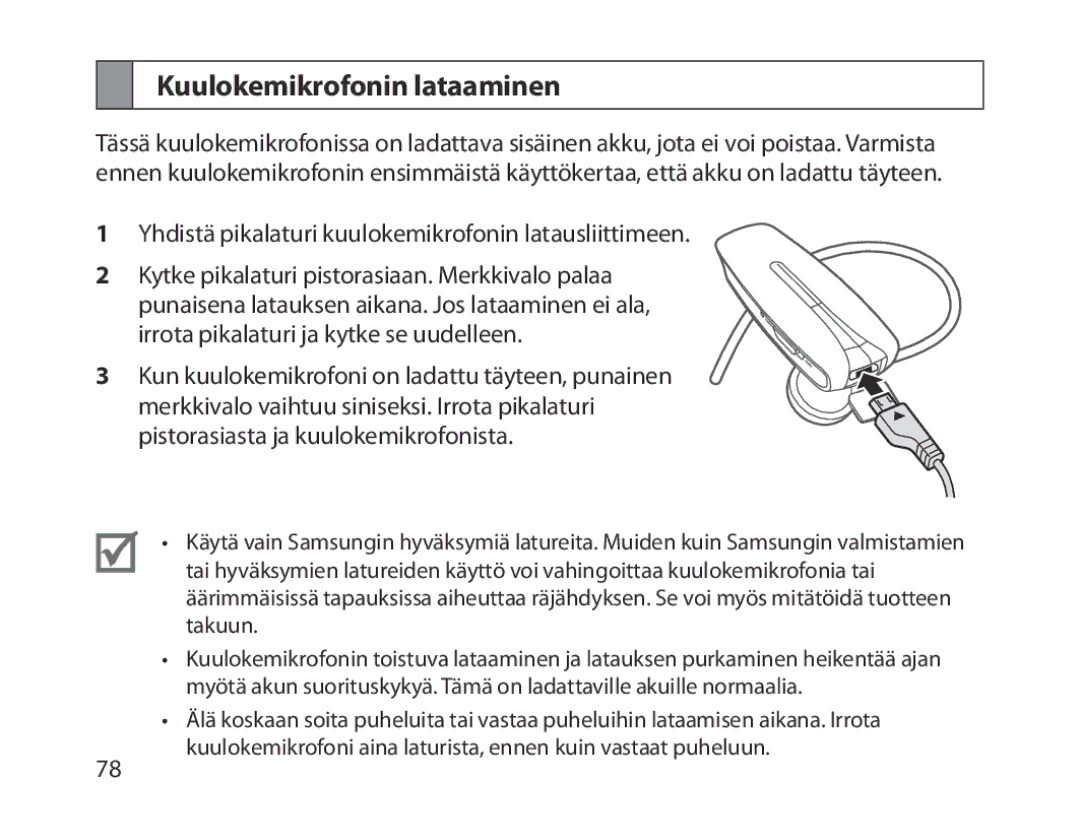 Samsung BHM1300EKEGXEG, BHM1300EREGXEG, BHM1300EWEGXEG, BHM1300EBEGXEG, BHM1300EWEGXSG manual Kuulokemikrofonin lataaminen 