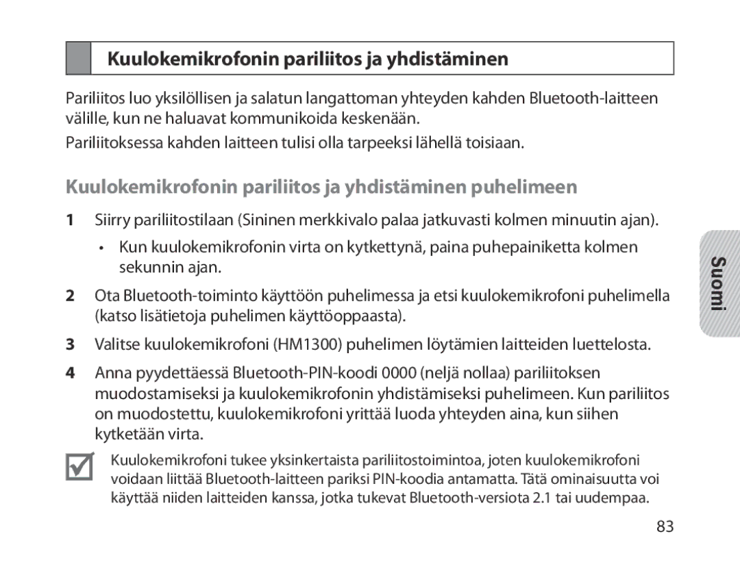 Samsung BHM1300UREGKSA, BHM1300EKEGXEG, BHM1300EREGXEG, BHM1300EWEGXEG manual Kuulokemikrofonin pariliitos ja yhdistäminen 