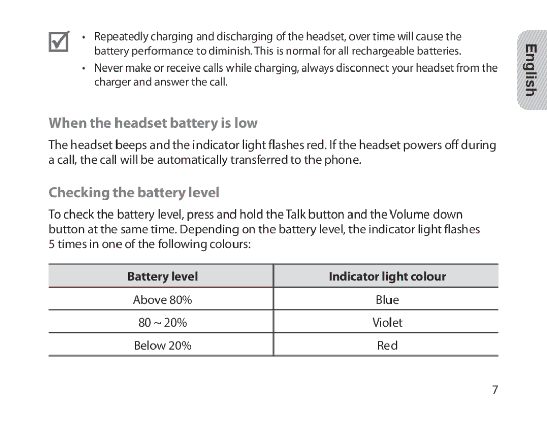 Samsung BHM1300EEEGXSG When the headset battery is low, Checking the battery level, Battery level Indicator light colour 