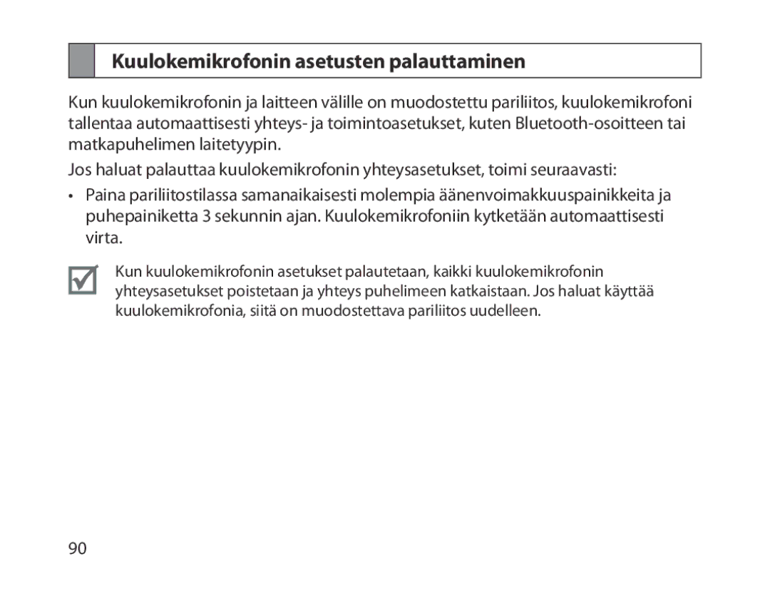 Samsung BHM1300UBEGKSA, BHM1300EKEGXEG, BHM1300EREGXEG, BHM1300EWEGXEG manual Kuulokemikrofonin asetusten palauttaminen 