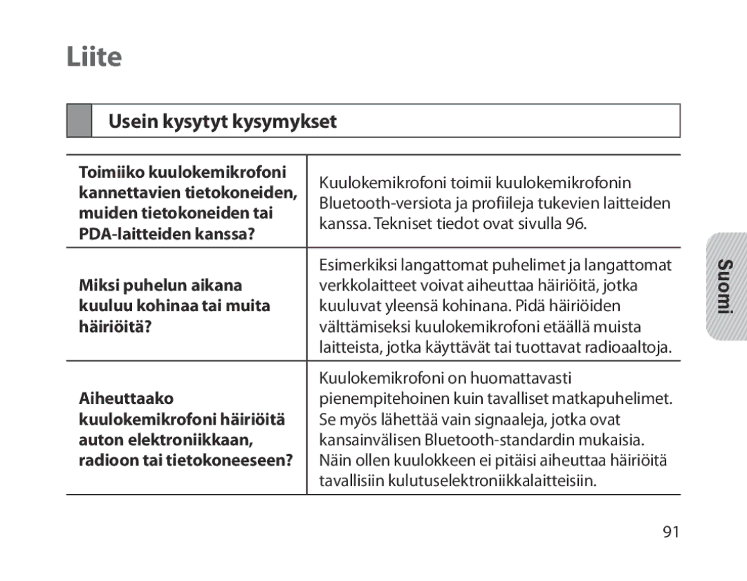 Samsung BHM1300EBEGXEV, BHM1300EKEGXEG, BHM1300EREGXEG, BHM1300EWEGXEG, BHM1300EBEGXEG manual Liite, Usein kysytyt kysymykset 