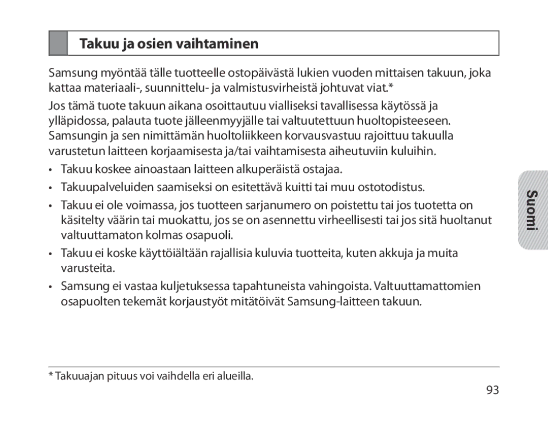 Samsung BHM1300EBEGXEE, BHM1300EKEGXEG, BHM1300EREGXEG, BHM1300EWEGXEG, BHM1300EBEGXEG manual Takuu ja osien vaihtaminen 