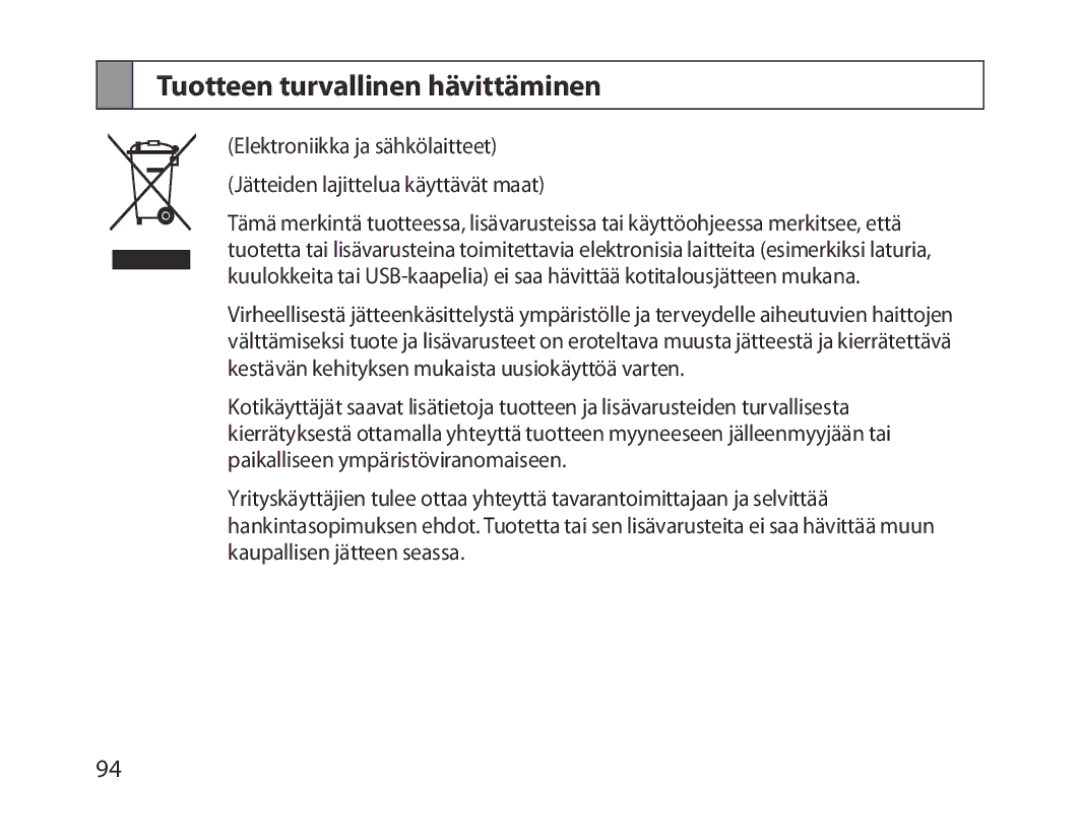 Samsung BHM1300EPEGXEE, BHM1300EKEGXEG, BHM1300EREGXEG, BHM1300EWEGXEG, BHM1300EBEGXEG manual Tuotteen turvallinen hävittäminen 