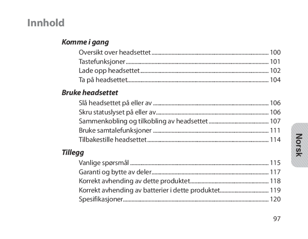 Samsung BHM1300EBEGEUR, BHM1300EKEGXEG, BHM1300EREGXEG, BHM1300EWEGXEG, BHM1300EBEGXEG, BHM1300EWEGXSG manual Innhold, Norsk 