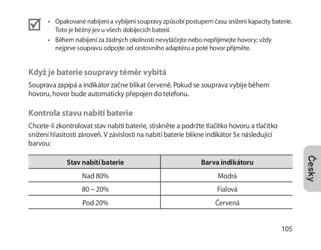 Samsung BHM1300EPEGXSG, BHM1300EKEGXEG, BHM1300EREGXEG Když je baterie soupravy téměr vybitá, Kontrola stavu nabití baterie 