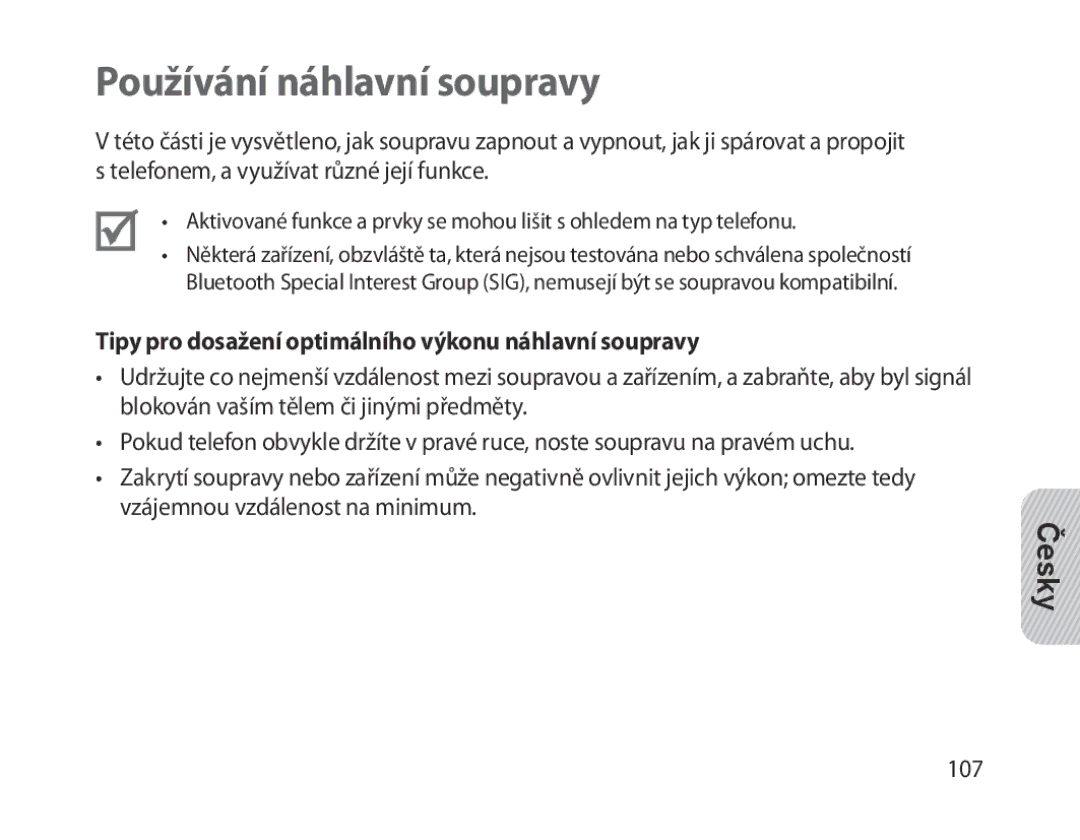 Samsung BHM1300EEEGXSG, BHM1300EKEGXEG Používání náhlavní soupravy, Tipy pro dosažení optimálního výkonu náhlavní soupravy 