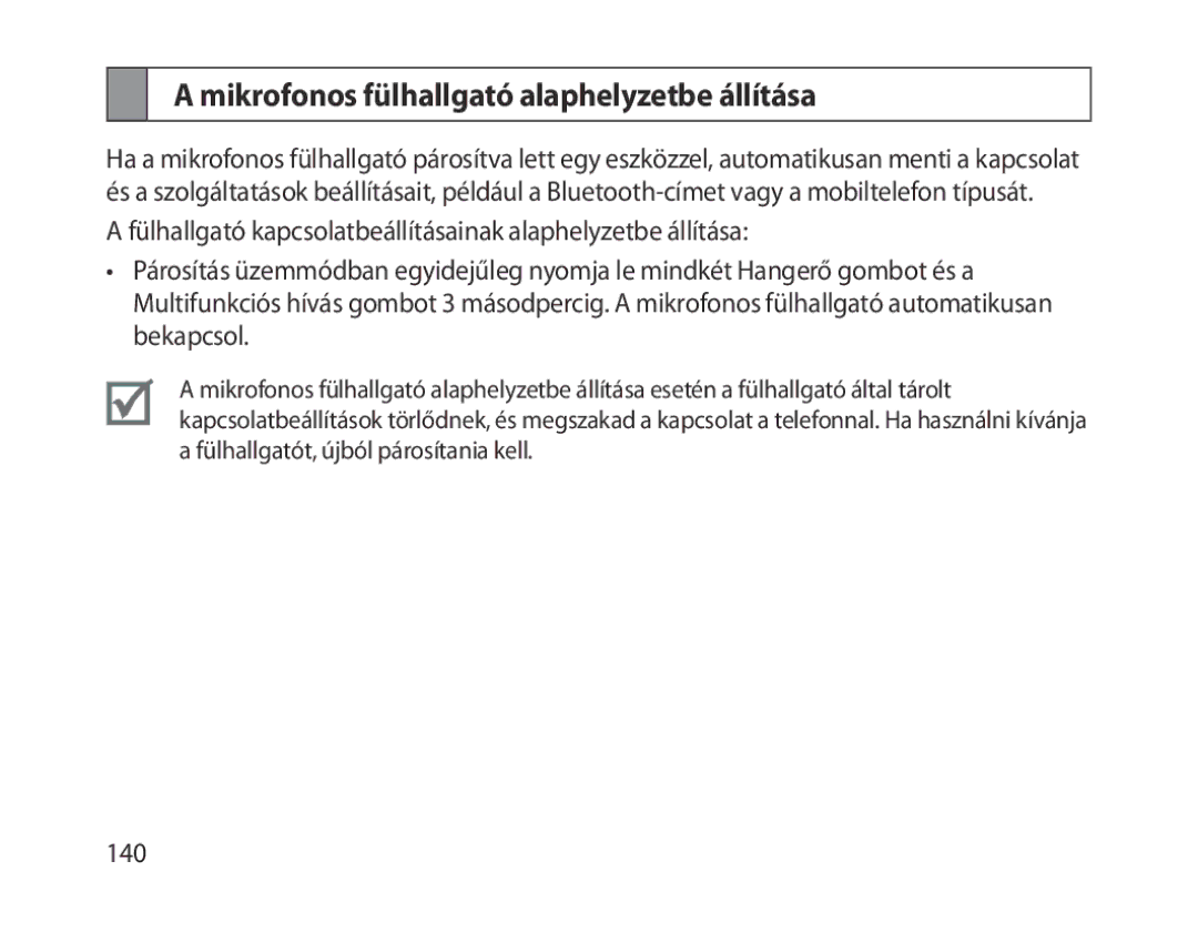 Samsung BHM1300EWEGXEG, BHM1300EKEGXEG, BHM1300EREGXEG, BHM1300EBEGXEG manual Mikrofonos fülhallgató alaphelyzetbe állítása 