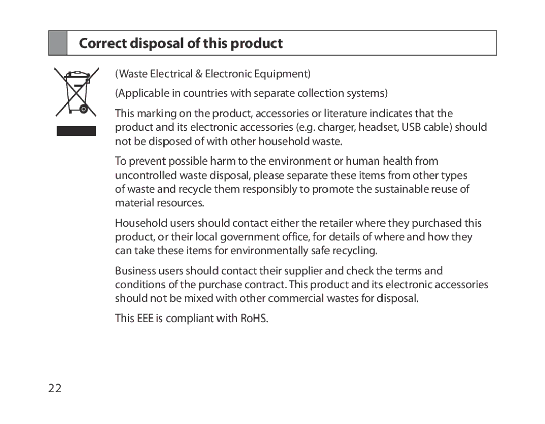 Samsung BHM1300EWEGXSG, BHM1300EKEGXEG, BHM1300EREGXEG, BHM1300EWEGXEG, BHM1300EBEGXEG manual Correct disposal of this product 