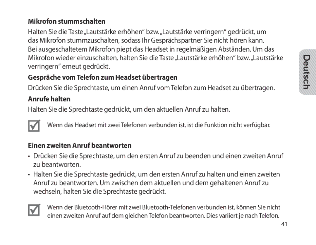 Samsung BHM1300EBEGXEG, BHM1300EKEGXEG Mikrofon stummschalten, Gespräche vom Telefon zum Headset übertragen, Anrufe halten 