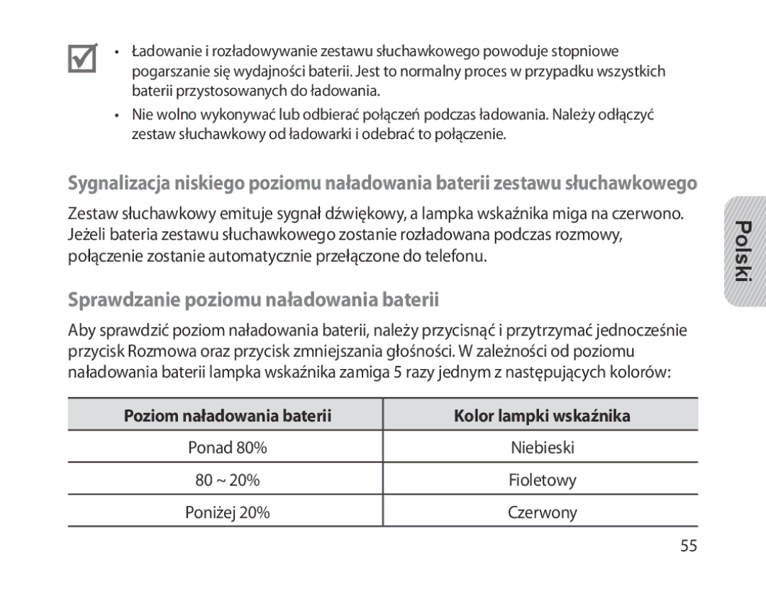 Samsung BHM1300EWEGXEE manual Sprawdzanie poziomu naładowania baterii, Poziom naładowania baterii Kolor lampki wskaźnika 