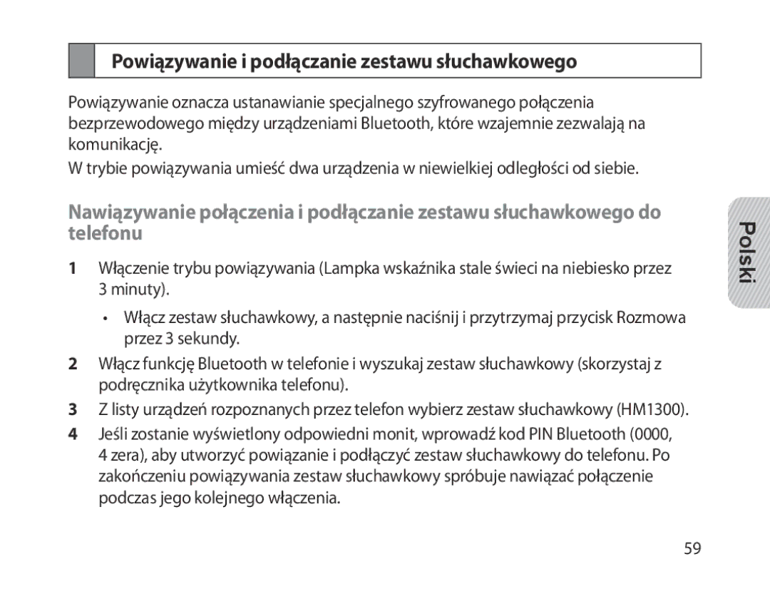 Samsung BHM1300EREGXEG, BHM1300EKEGXEG, BHM1300EWEGXEG, BHM1300EBEGXEG manual Powiązywanie i podłączanie zestawu słuchawkowego 