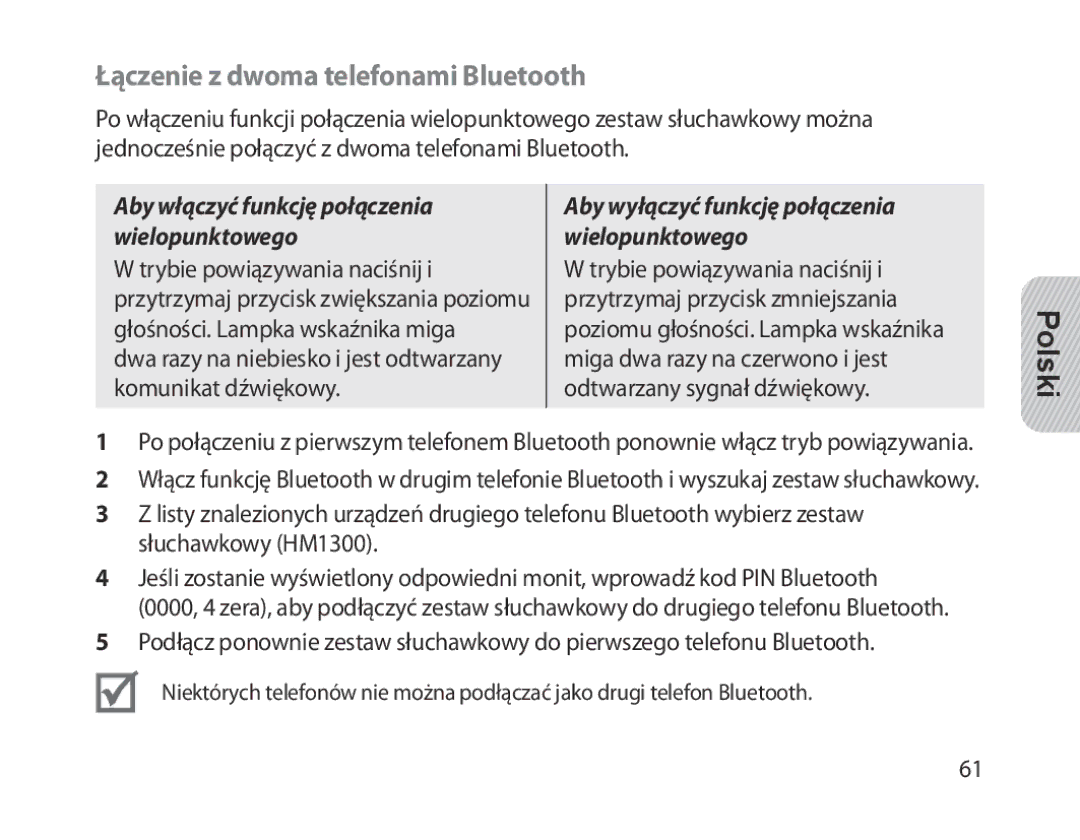 Samsung BHM1300EBEGXEG manual Łączenie z dwoma telefonami Bluetooth, Aby włączyć funkcję połączenia wielopunktowego 